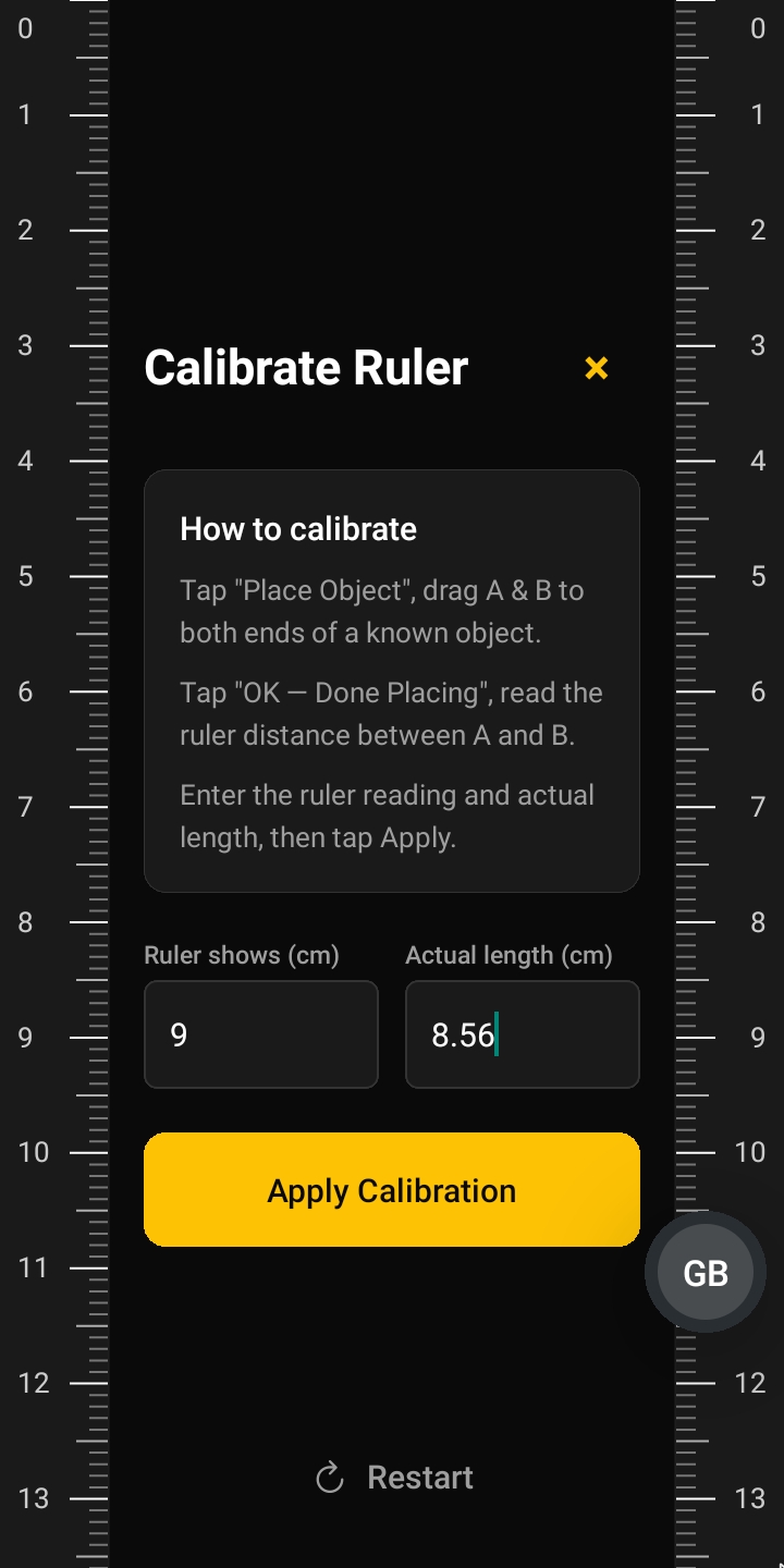 Rulr calibration apply screen (dark)