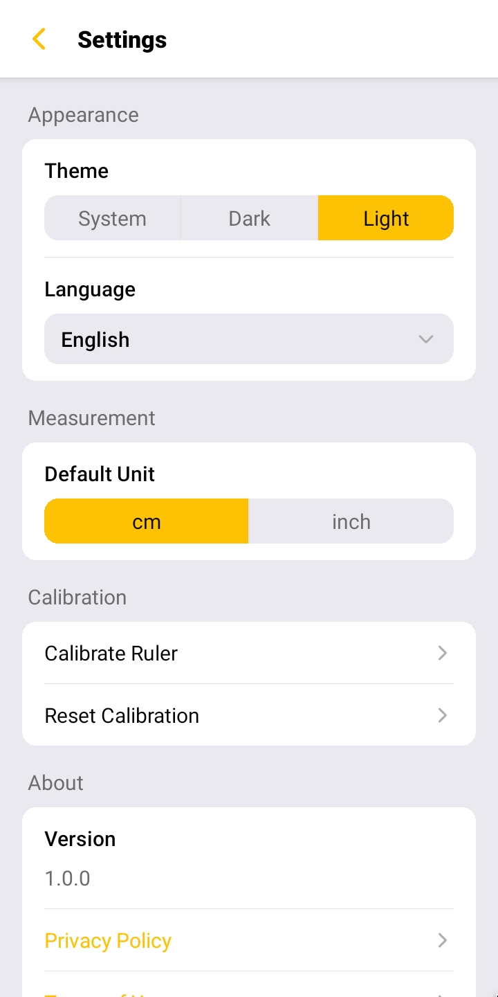 Rulr settings screen (light)
